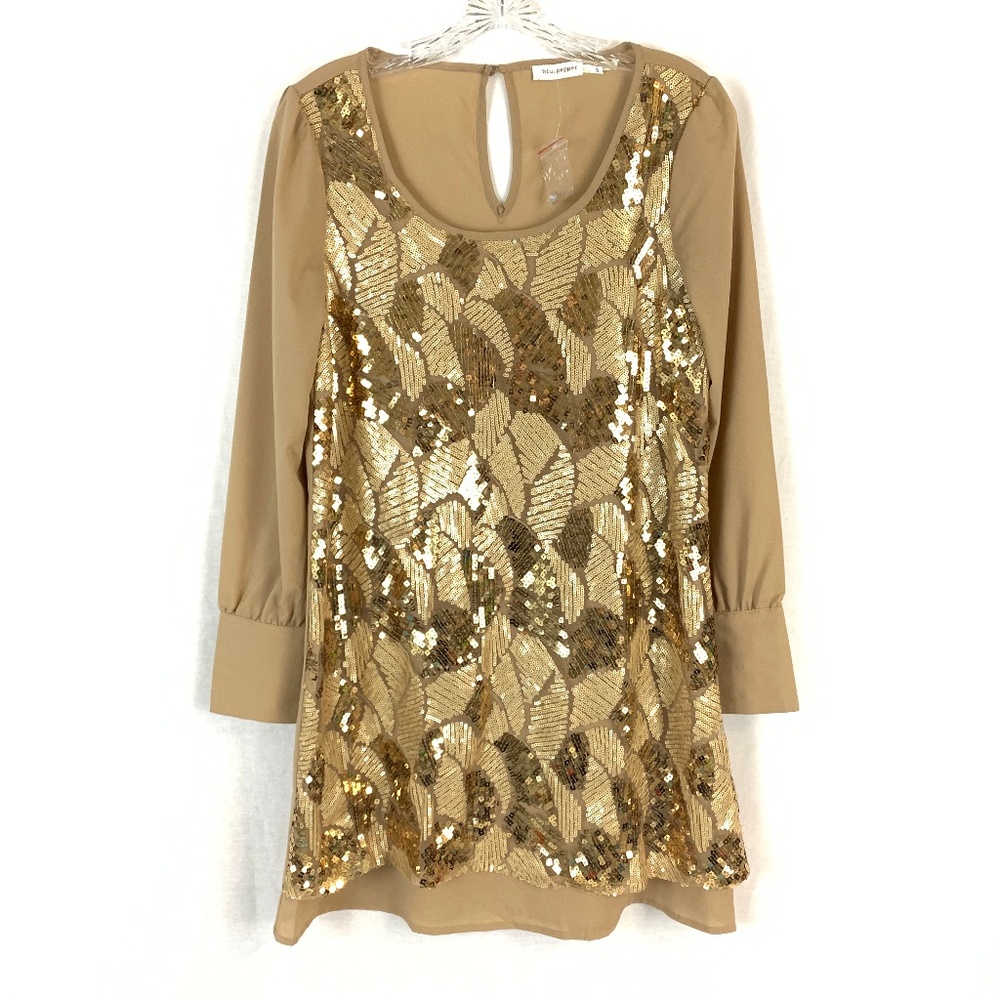 Blu Pepper Gold Tan Sequin Long Sleeve Dress NWOT